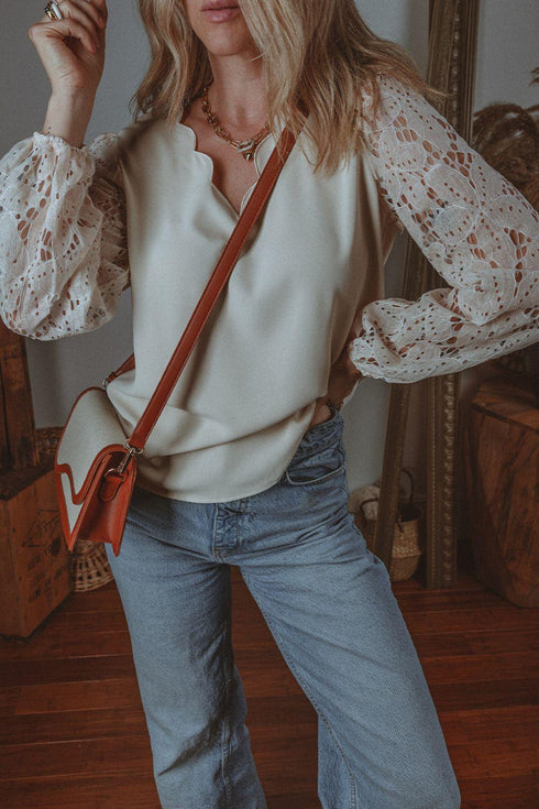 V Neck Lace Balloon Sleeve Blouse - Odaingerous